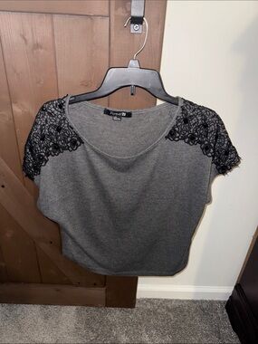 Forever 21 Gray Tee with Black Lace Shoulder Detail
